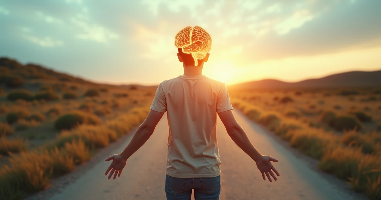 Pessoa em dúvida diante de dois caminhos, com cérebro e coração iluminados 