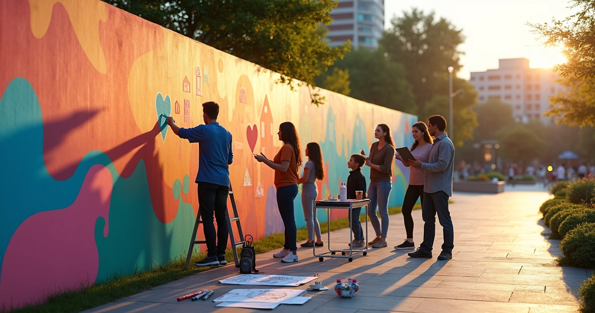 Mural colaborativo colorido sendo pintado por grupo diverso em espaço urbano contemporâneo 
