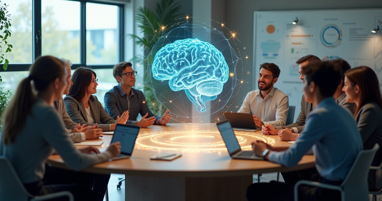 Equipe em reunião redonda mostrando conexão entre emoção e inteligência coletiva 