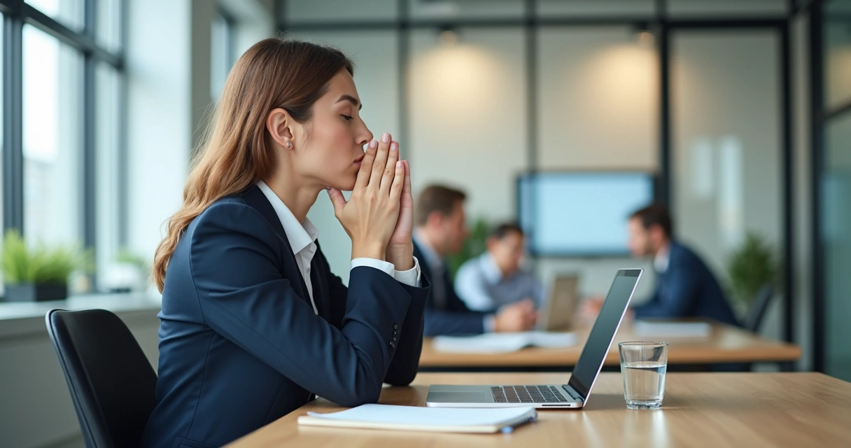 Profissional respira fundo para lidar com emoção intensa no escritório 
