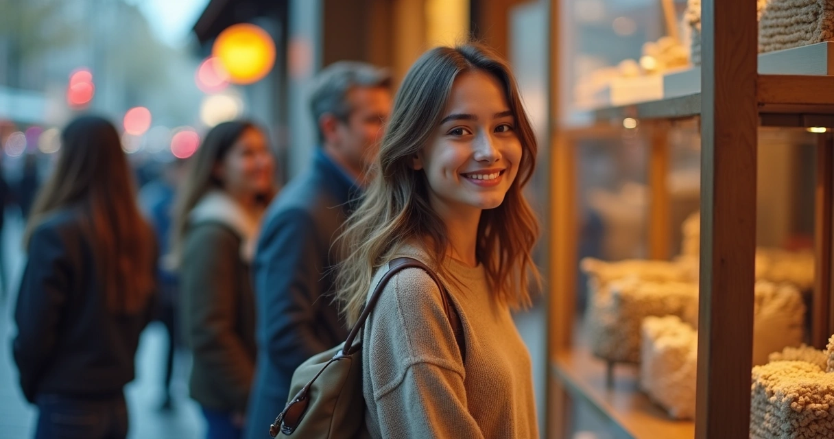 Pessoa olhando vitrine com expressões emocionadas e cores vivas