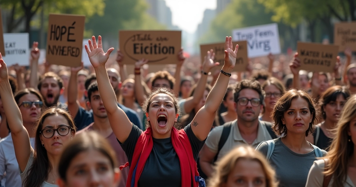 Manifestantes com cartazes mostrando emoções variadas