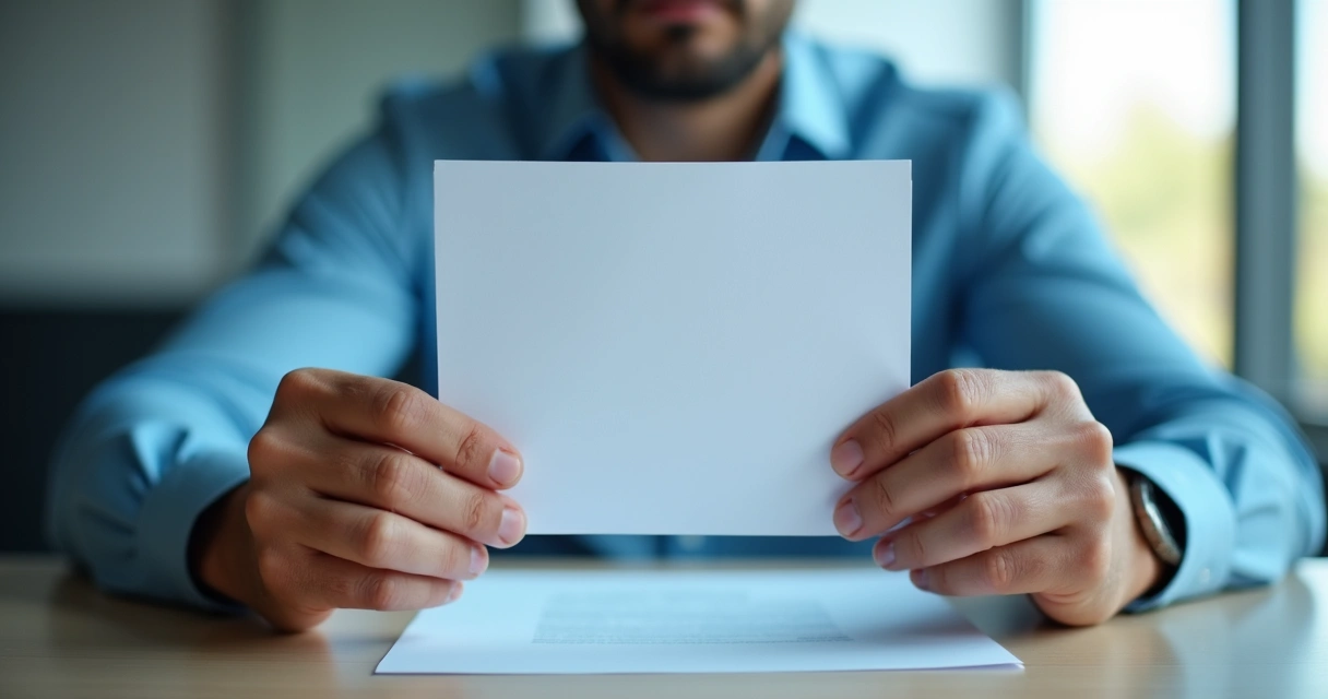 Pessoa segurando papel com avaliação de desempenho, expressão séria, ambiente corporativo discreto