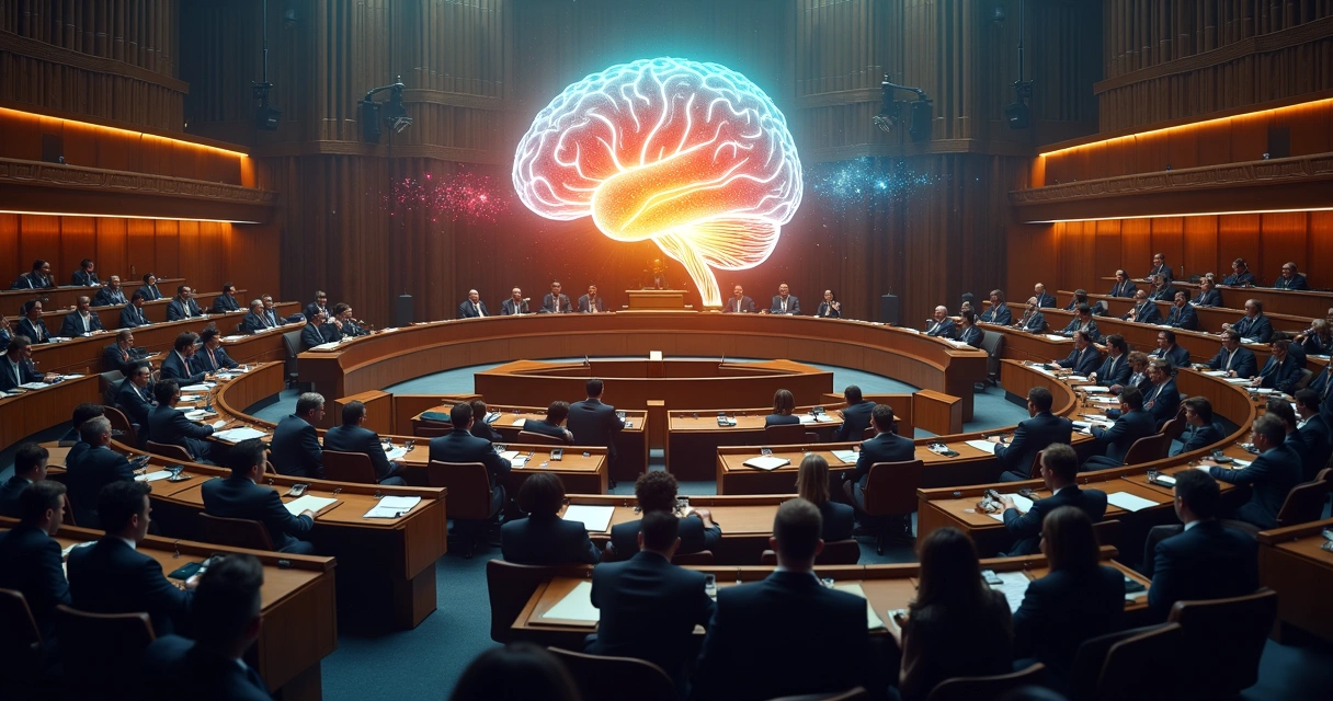 Eleitores observando políticos em um plenário com sobreposição de cérebro e emoções 