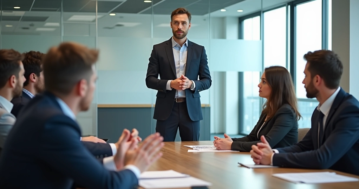 Líder escutando a equipe atenta e expressiva em reunião 