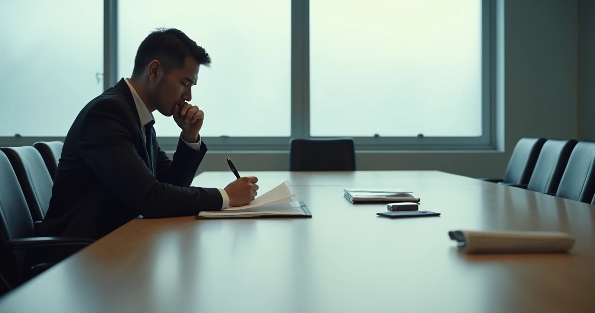 Profissional sozinho em sala de reuniões vazia com expressão pensativa olhando para papéis 