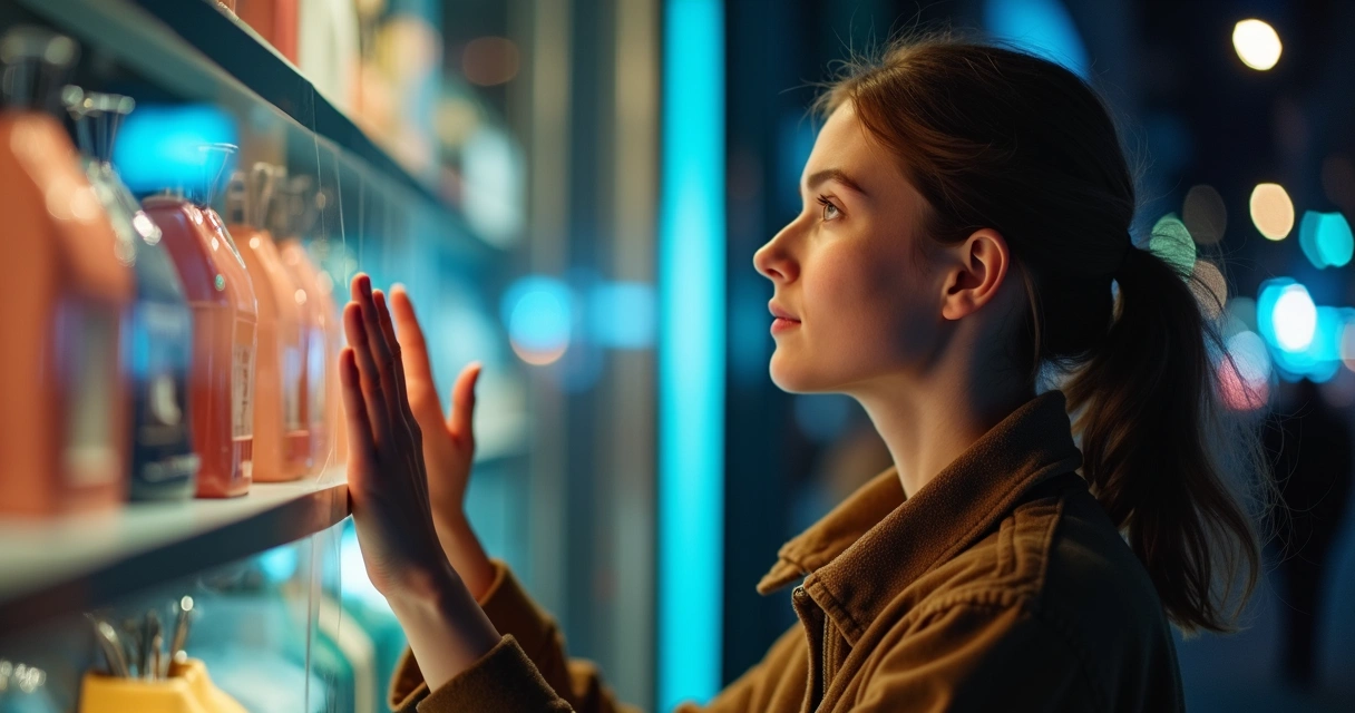 Pessoa olhando vitrine com expressão de desejo 