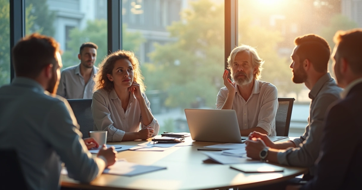 Equipe em reunião demonstrando diferentes emoções durante diálogo