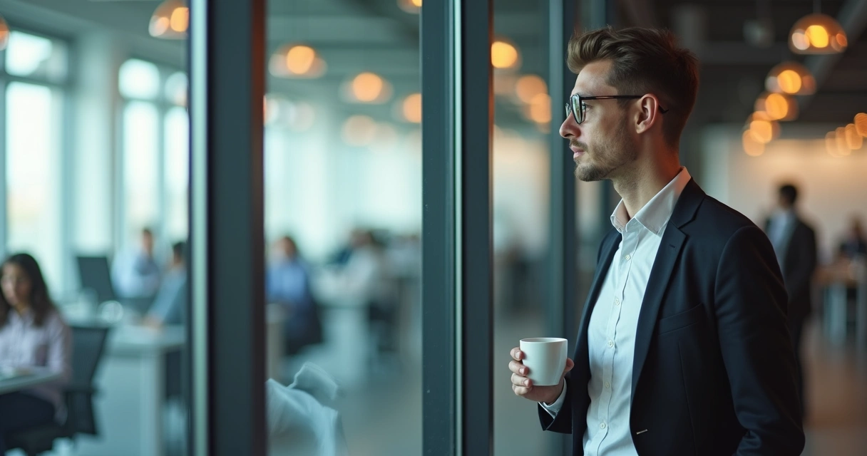 Pessoa segurando um copo, olhando através da janela no escritório, pensativa. 