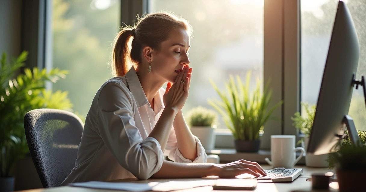 Mulher sentada em sua mesa de trabalho, com expressão concentrada, respirando fundo diante do computador 