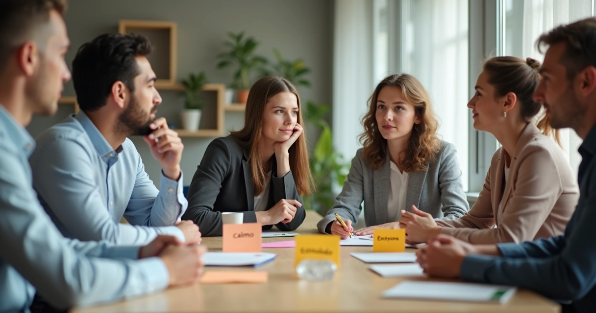Colaboradores sentados à mesa em sala de reunião, trocando olhares atentos 