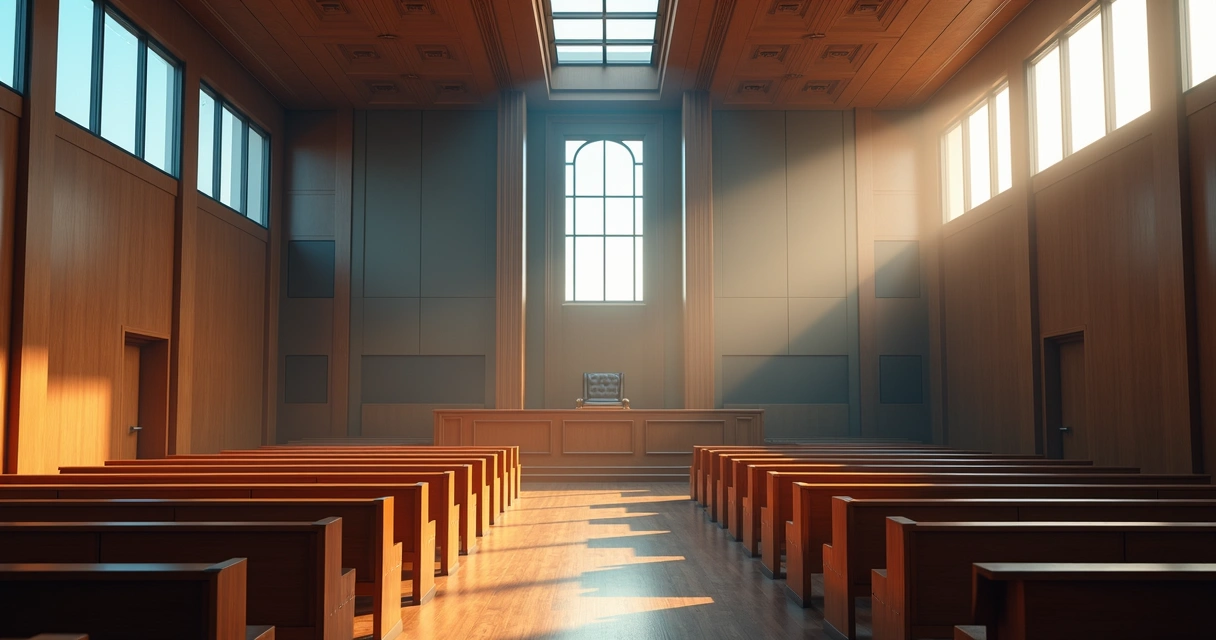 Sala de tribunal vazia com luz suave entrando pelas janelas 