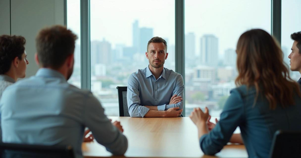 Pessoa em reunião com expressão contida e linguagem corporal tensa 