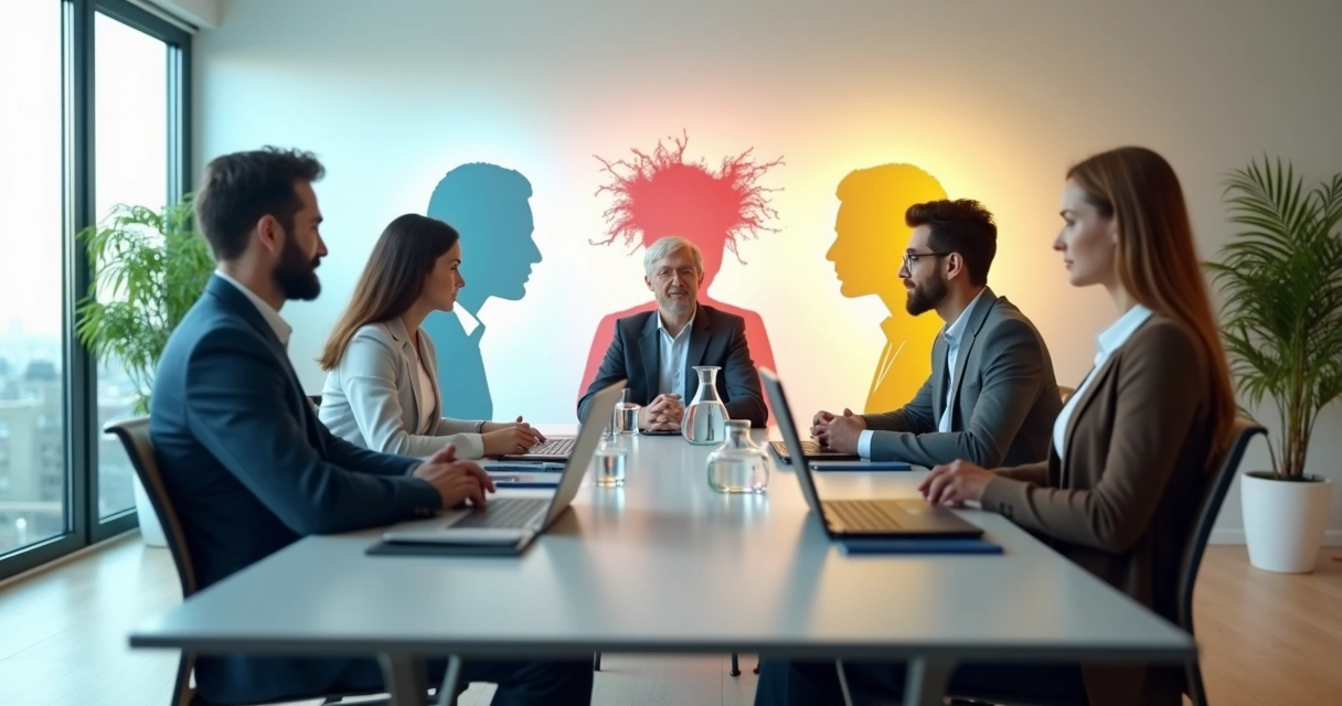 Equipe em escritório com emoções coloridas projetadas como sombras escondidas 