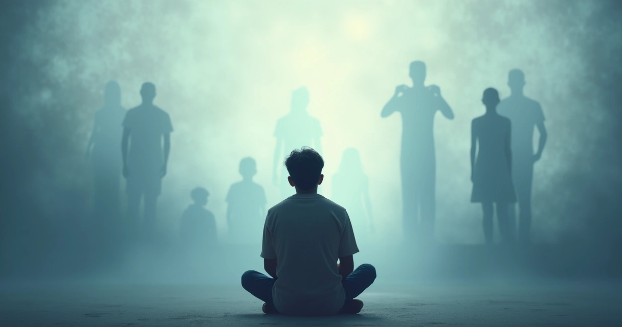 Pessoa sentada refletindo, com silhuetas de memórias e emoções ao fundo 