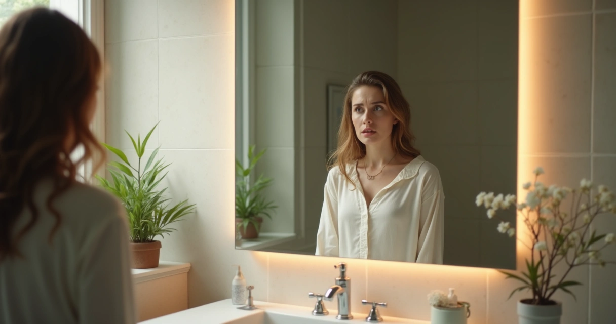 Mulher olhando para o espelho com expressão de dúvida 