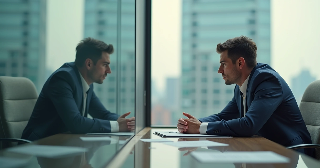 Pessoa olhando para o espelho em ambiente de escritório, expressão preocupada, reflexo distorcido. 