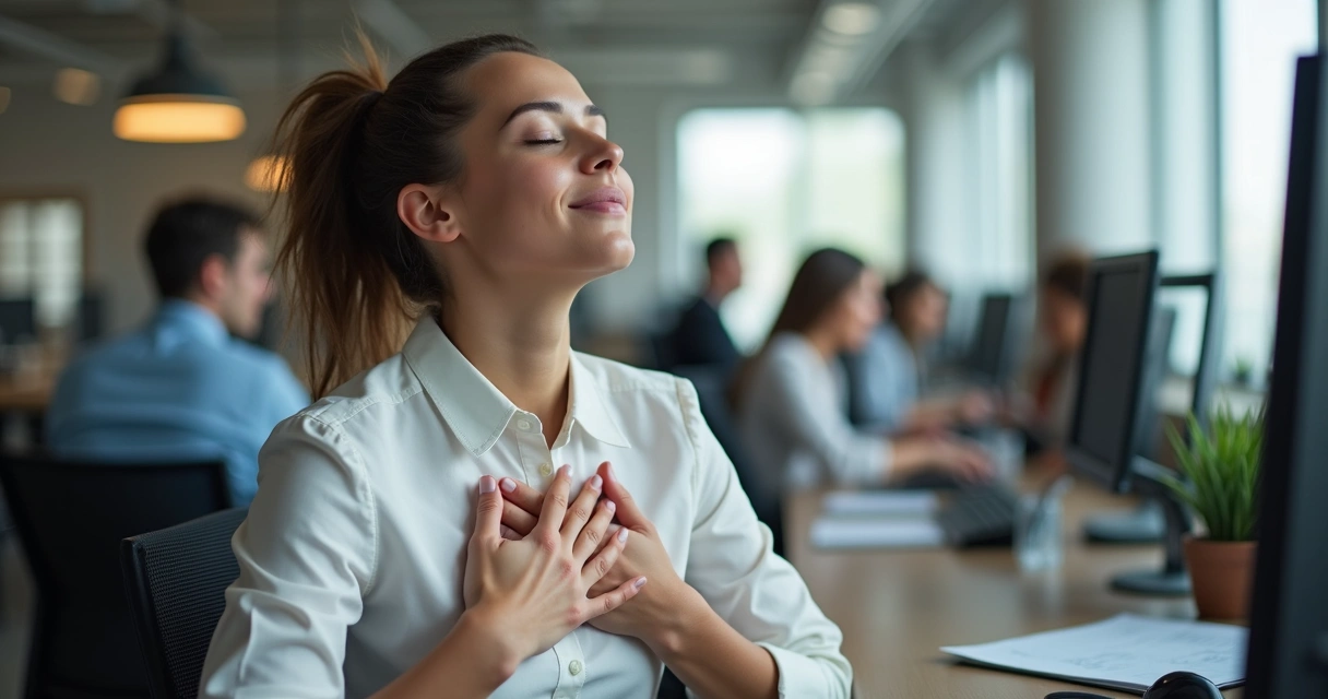 Pessoa respirando fundo em um ambiente de trabalho
