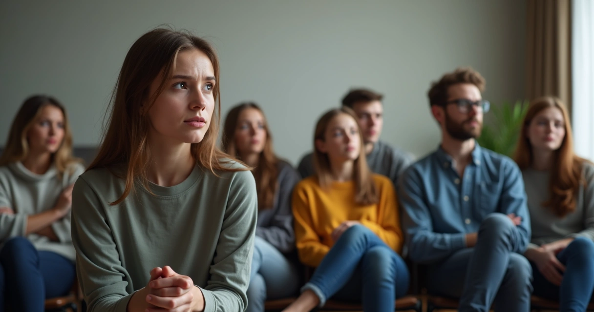 Pessoa sentada em círculo sentindo emoção forte durante conversa em grupo 
