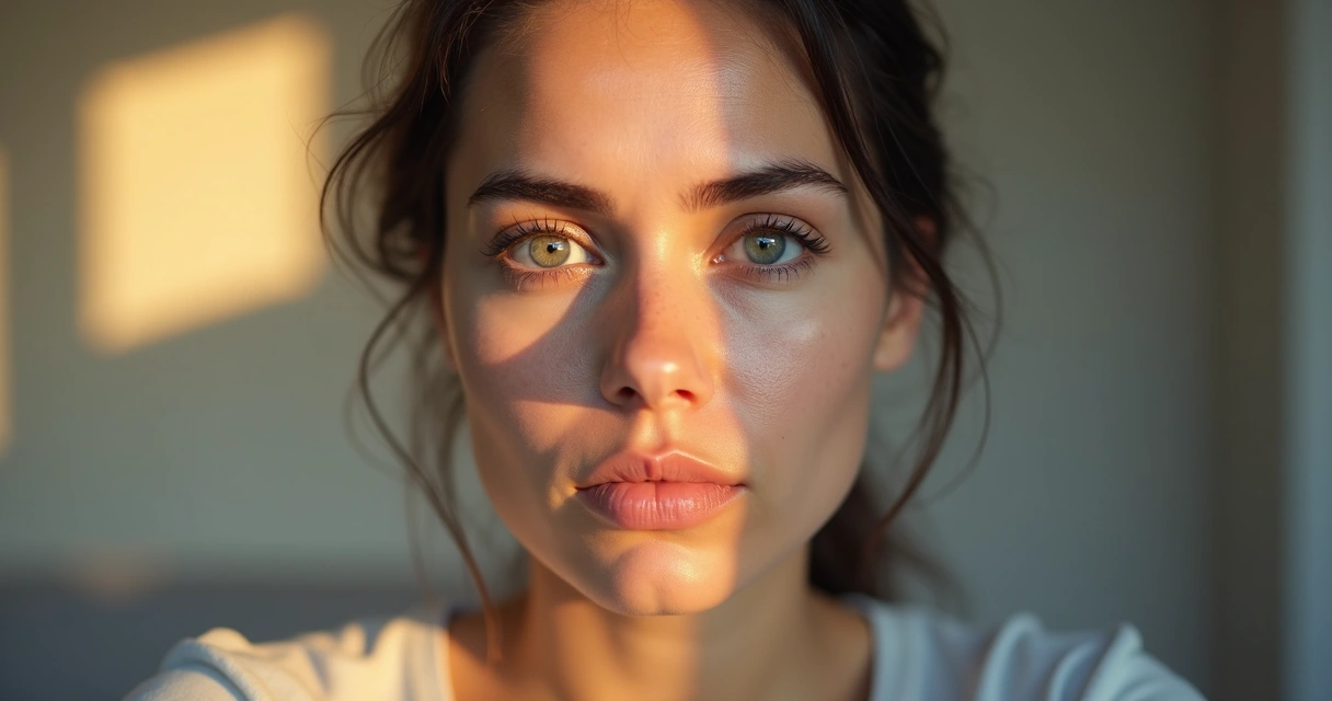 Rosto de mulher dividido entre expressão calma e expressão tensa 