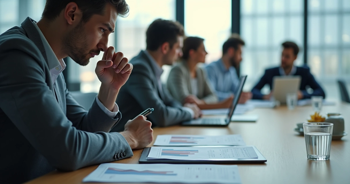 Profissional em escritório olhando gráficos com expressão pensativa e tensão emocional sutil 