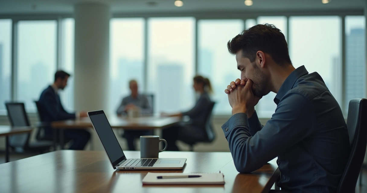 Profissional pensativo em mesa de escritório com ambiente tenso ao fundo 