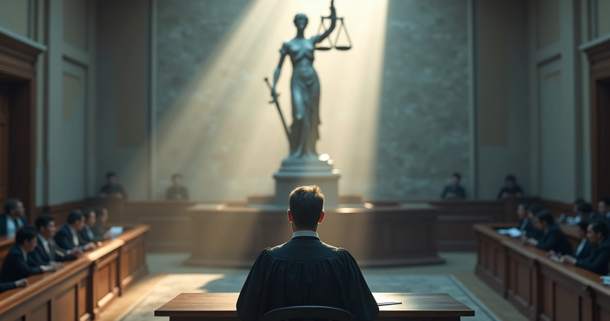 Juiz diante de estátua da justiça rachada com sombra emocional ao fundo 