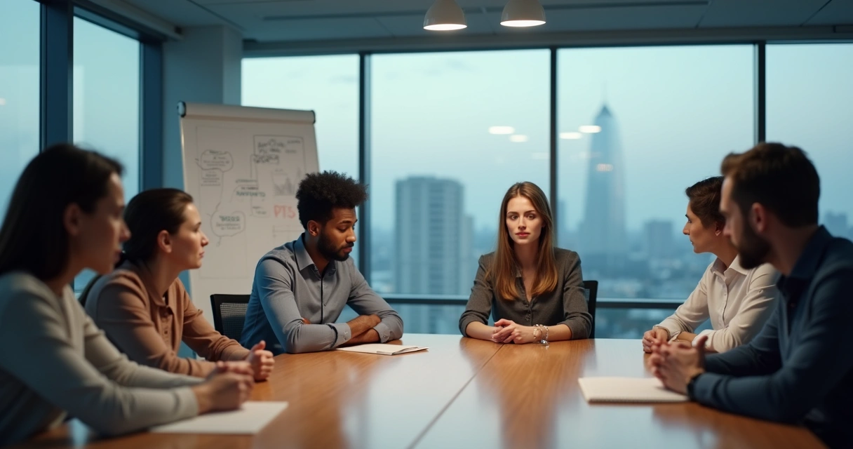 Equipe de escritório reunida em mesa com expressões contidas e tensão no ar 