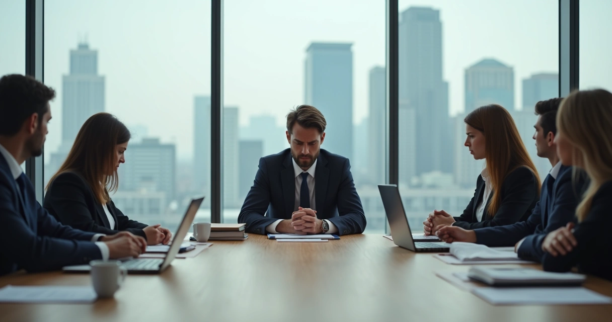 Profissional em reunião com expressão contida e tensão no ambiente de trabalho 