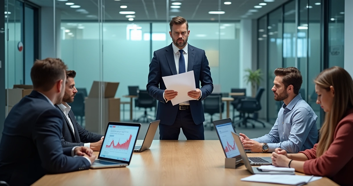 Gestor em sala de reunião com equipe esgotada e clima tenso 