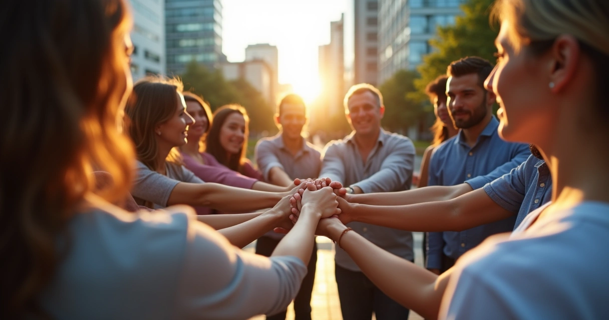 Grupo diverso em roda unindo as mãos em ambiente urbano iluminado pelo sol 
