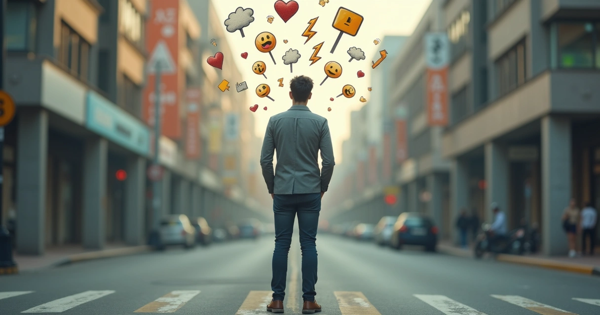 Pessoa parada em uma encruzilhada, cercada por símbolos de escolhas e emoções