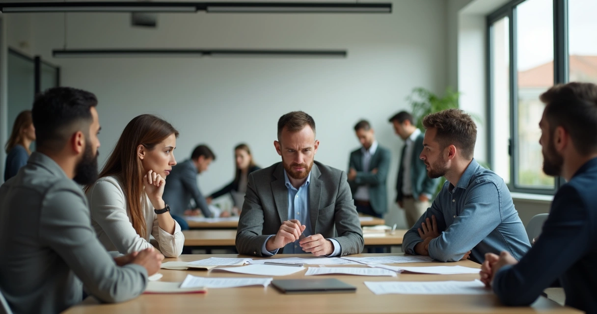 Ambiente de trabalho mostrando emoções diversas entre colegas durante conflito 