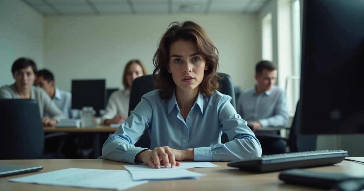 Pessoa no escritório demonstrando emoção reprimida enquanto colegas ao fundo parecem distantes