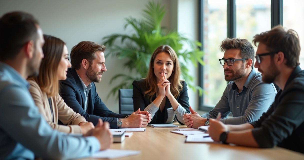 Equipe de trabalho reunida em sala de reunião com expressões diversas, mostrando emoções variadas