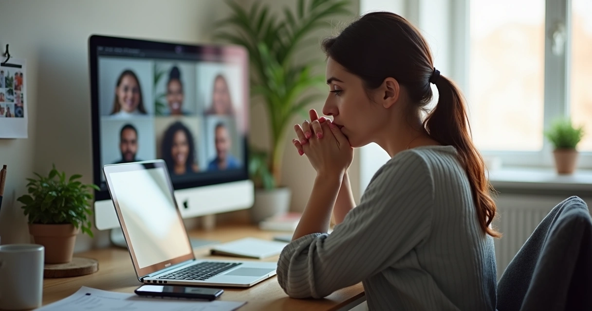 Mulher sentada à mesa de trabalho, olhando pensativa para o computador 