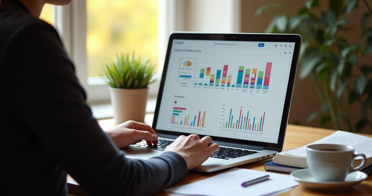 Pessoa olhando para tela de notebook com gráficos de sentimentos 