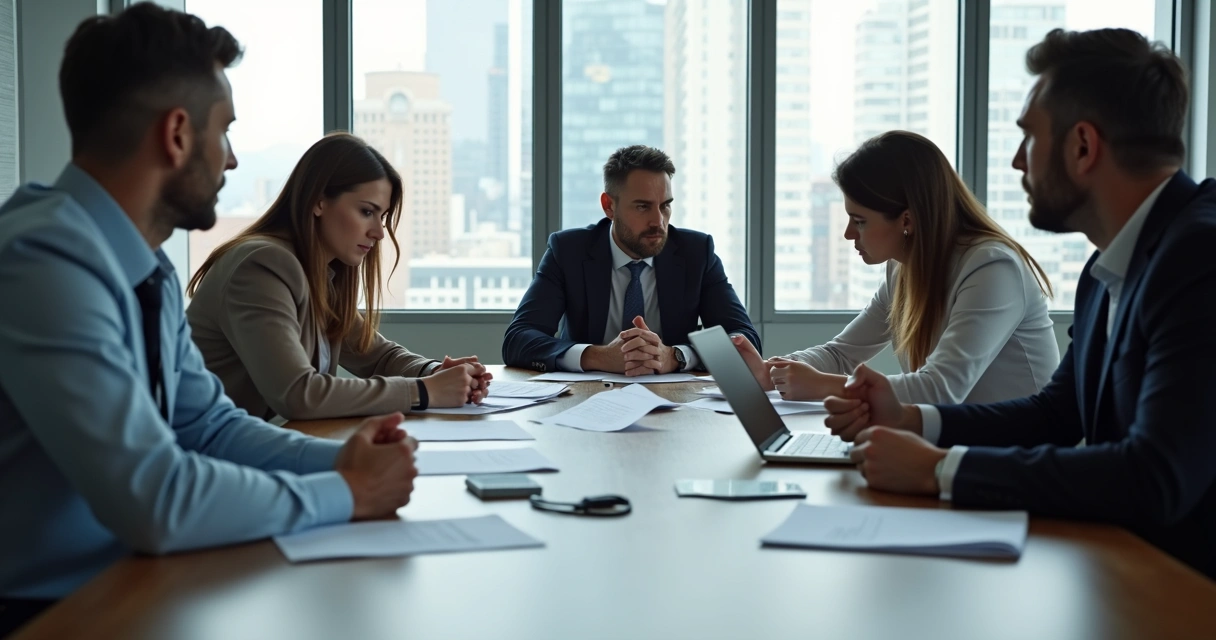 Reunião de equipe mostrando expressões variadas em ambiente de trabalho 