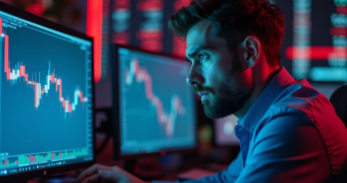 Trader olhando preocupado para tela com gráfico de queda acentuada 