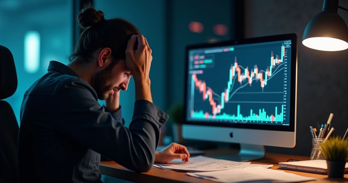 Trader com expressão de raiva diante do computador, com tela mostrando queda do mercado 