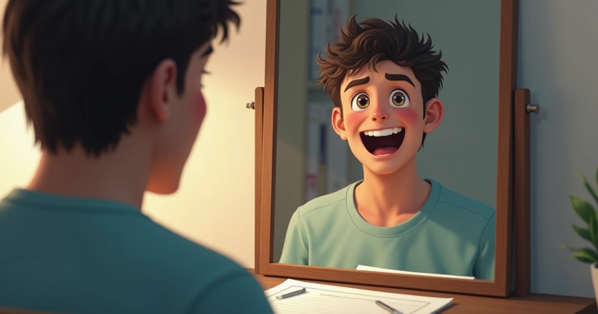 Pessoa expressando emoções opostas em um espelho, simbolizando os extremos do transtorno bipolar