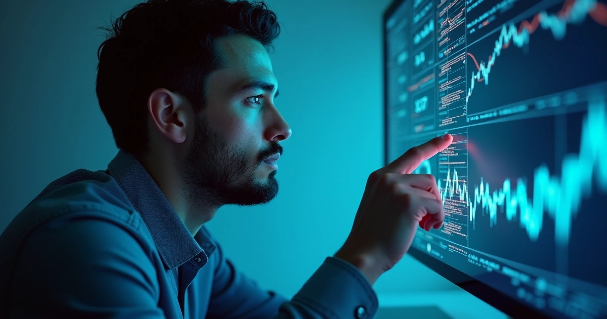 Operador de câmbio refletindo ao lado de tela com algoritmos 