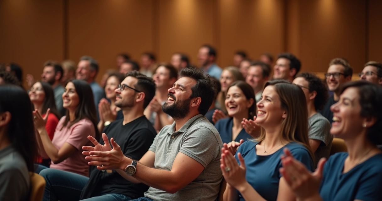 Grupo de personas en un salón mostrando diferentes emociones en sus rostros