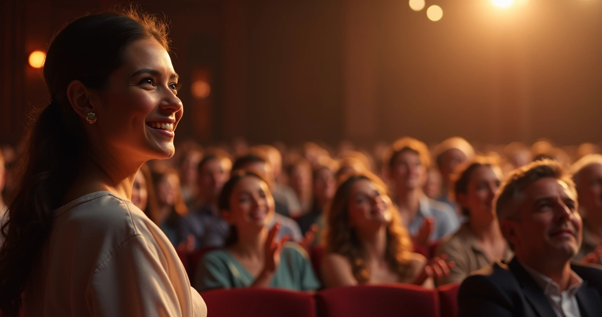 Persona sonriente observando a otro recibir un premio en una sala llena de gente 