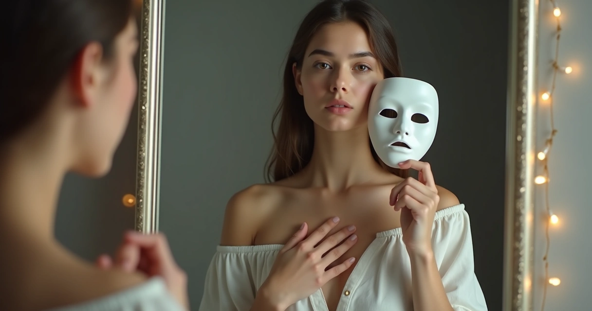 Persona sostiene una máscara frente a un espejo que refleja un rostro diferente 