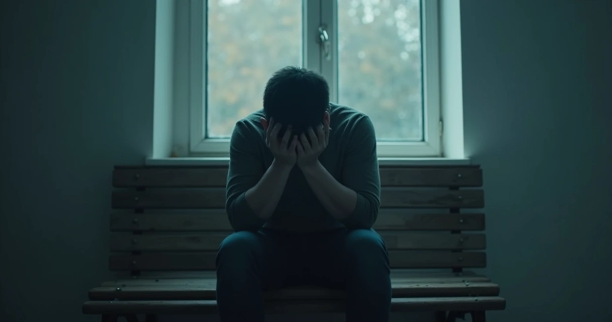 Persona sentada con postura encorvada, rostro oculto tras las manos, ambiente sombrío, sensación de carga emocional
