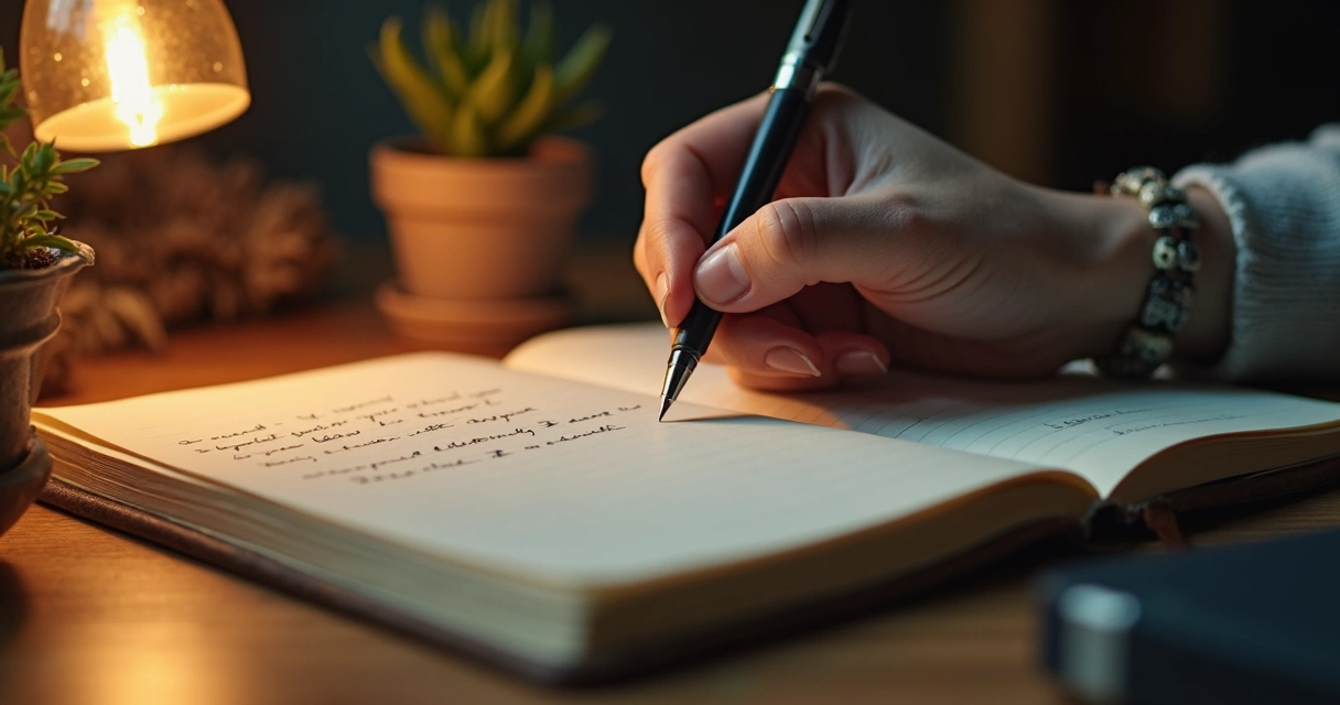 Mano escribiendo en un diario sobre emociones 