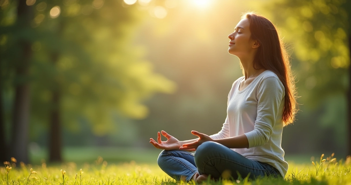 Persona respirando profundo en naturaleza con luz suave