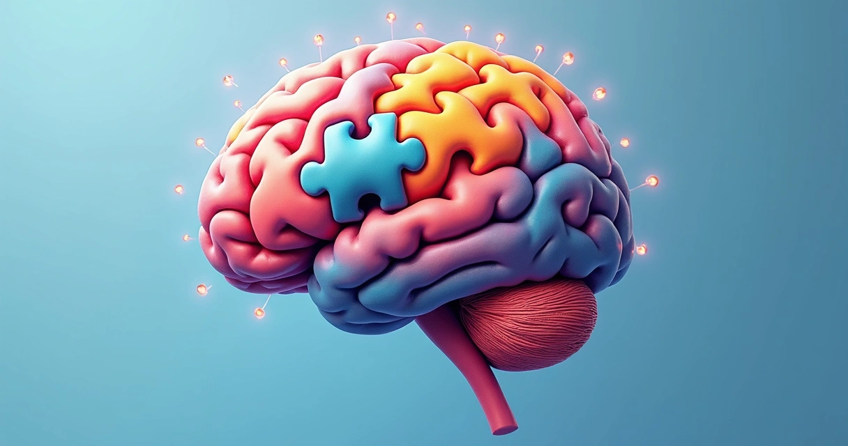 Cerebro formado por piezas de colores conectadas con líneas de luz y fondo azul claro, simbolizando emociones y pensamientos equilibrados