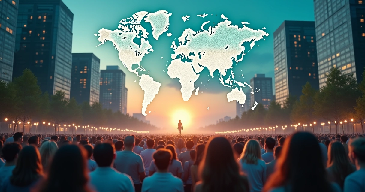 Multitud conectada por ondas de energía luminosa sobre un mapa del mundo 